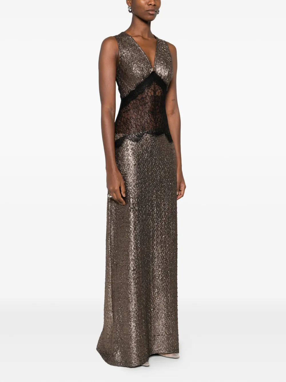 MIAU by Clara Rotescu Sokar maxi-jurk met kanten vlakken en glitters Goud