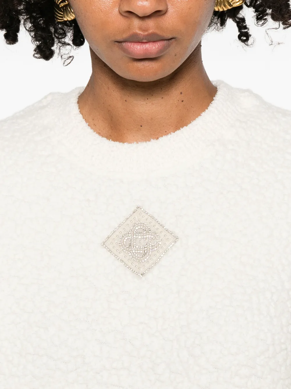 Casablanca Cashmere Blend Fleece Crewneck Top In White