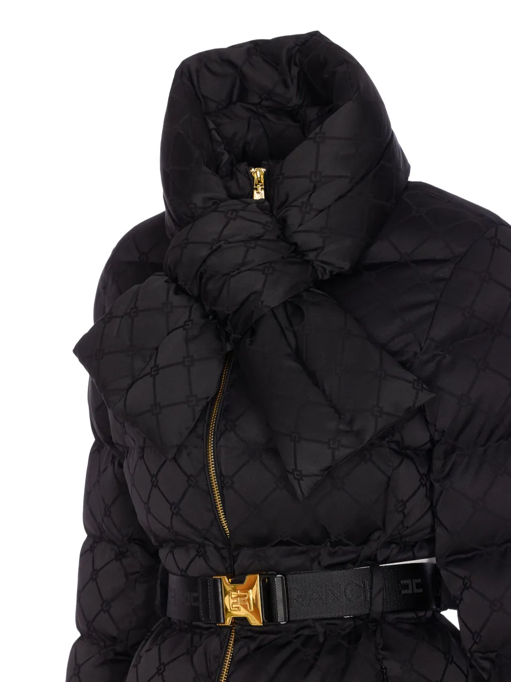 Elisabetta Franchi Jacquard Sail Fabric Down Jacket With Belt Clothing In Black