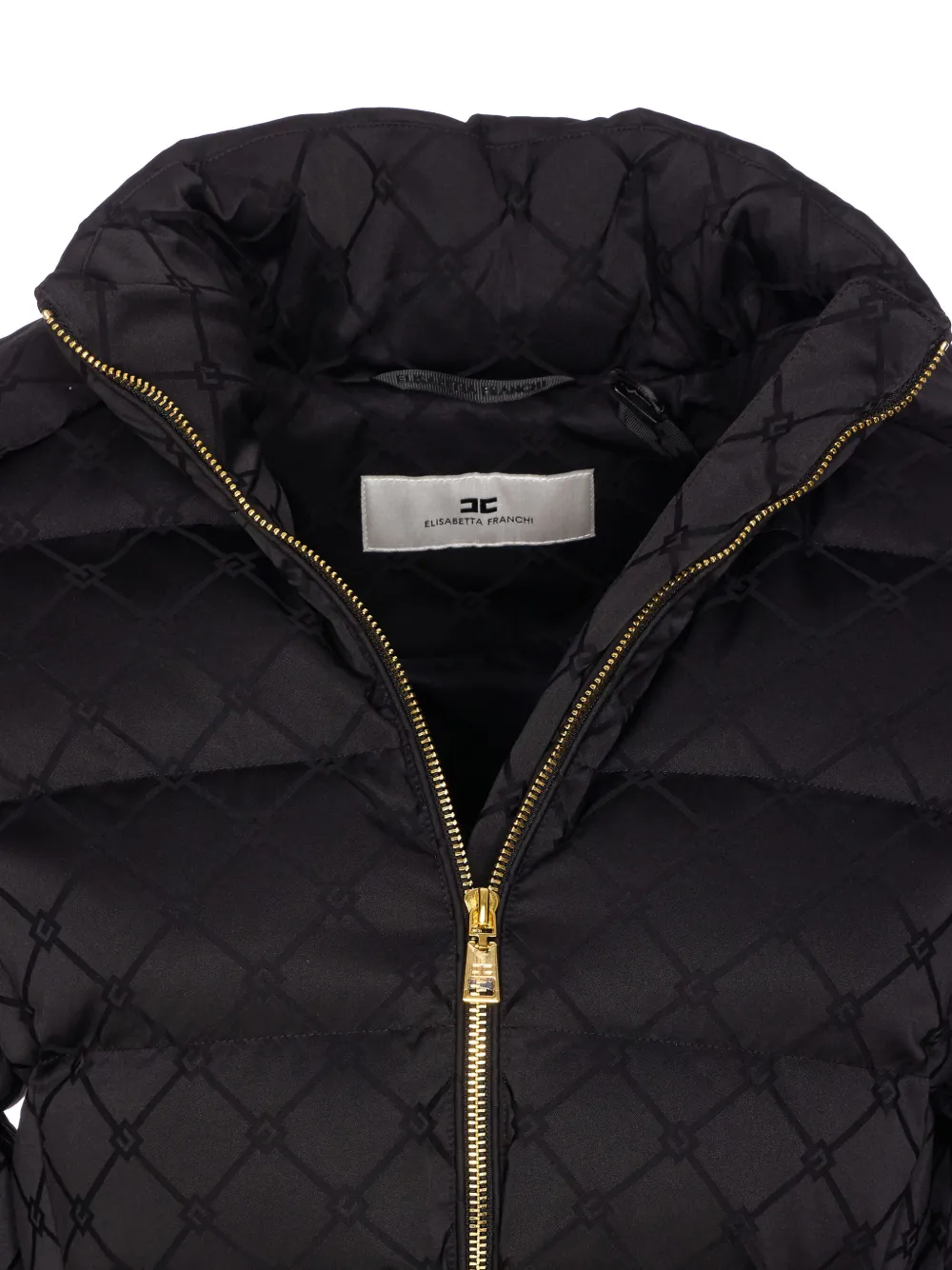 Elisabetta Franchi Jacquard Sail Fabric Down Jacket With Belt Clothing In Black