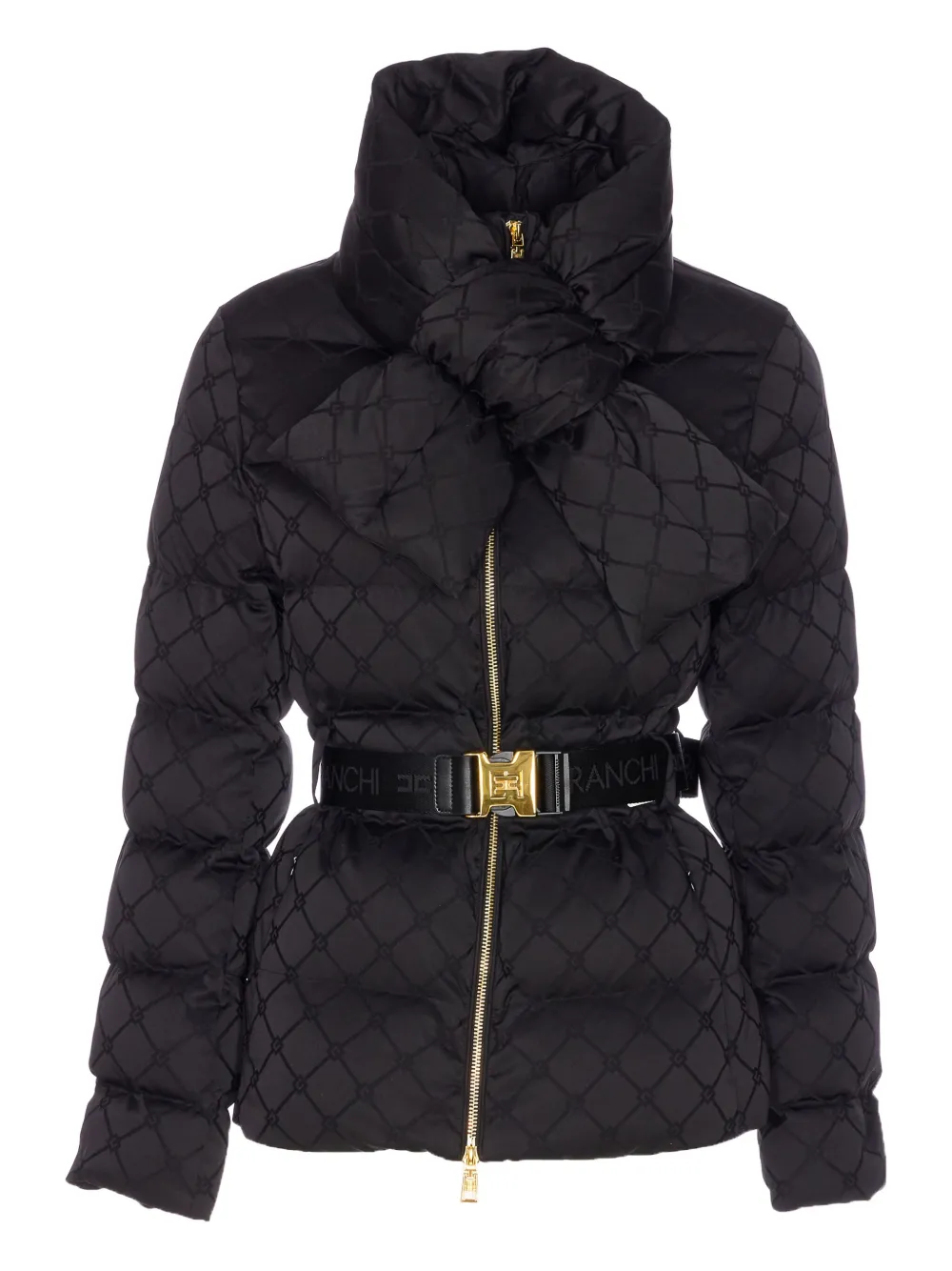 Elisabetta Franchi Jacquard Sail Fabric Down Jacket With Belt Clothing In Black