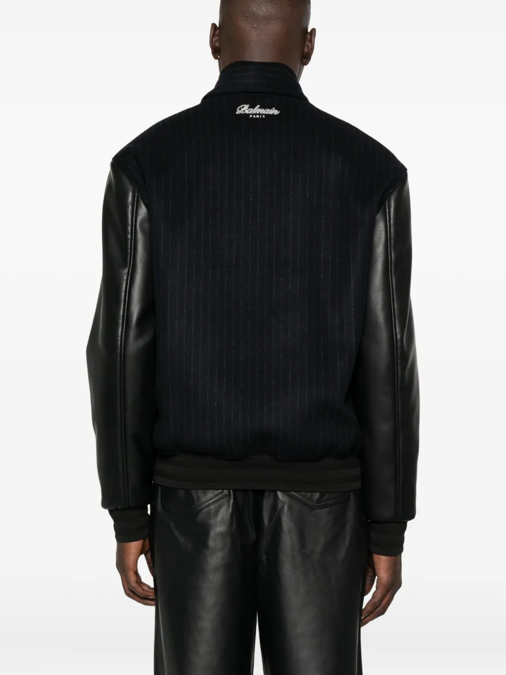 Balmain Pinstripe-print Panelled Bomber Jacket In Black