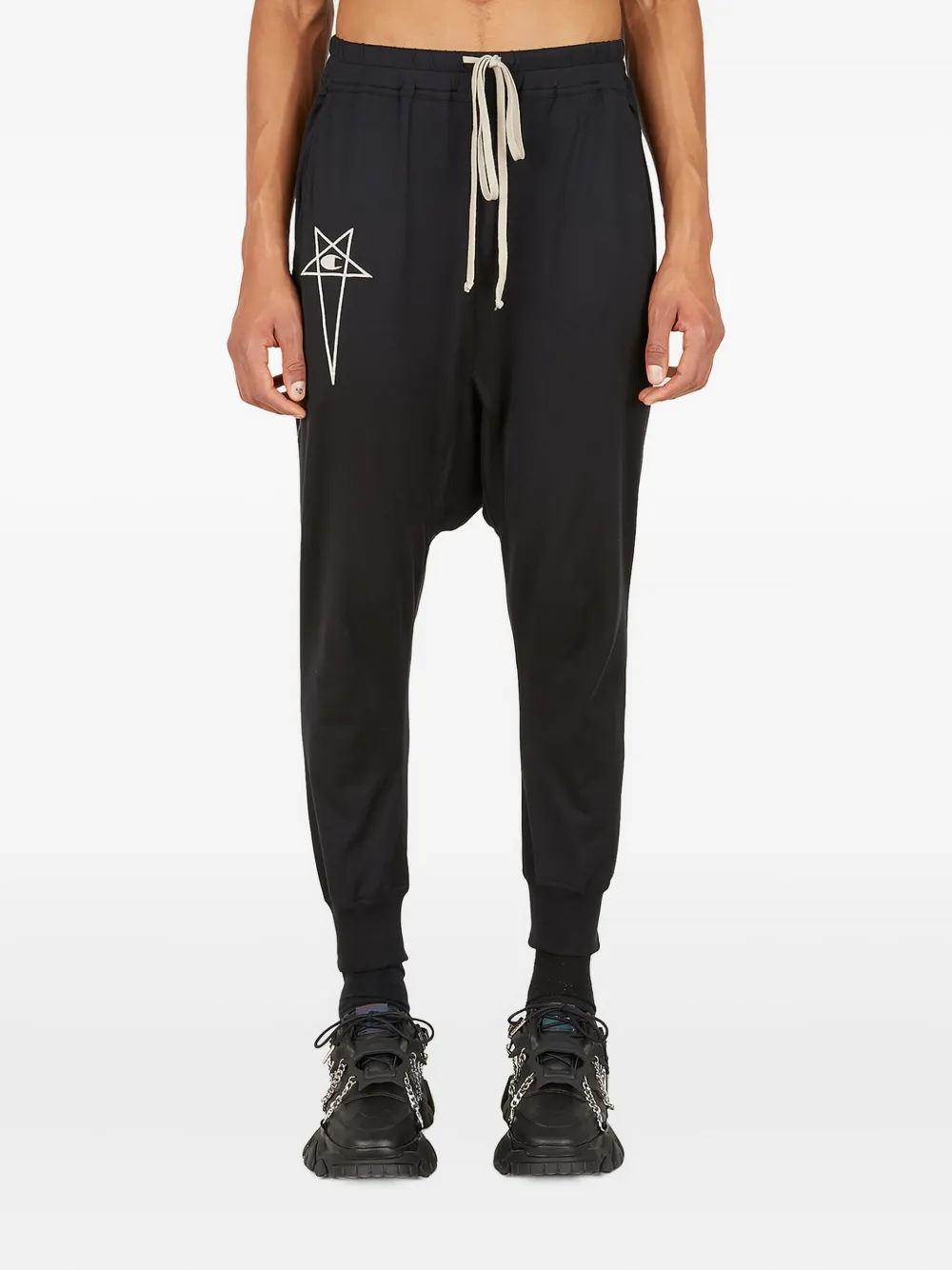 Rick Owens X Champion Dropped-crotch Star-logo Embroidered Trousers In Black