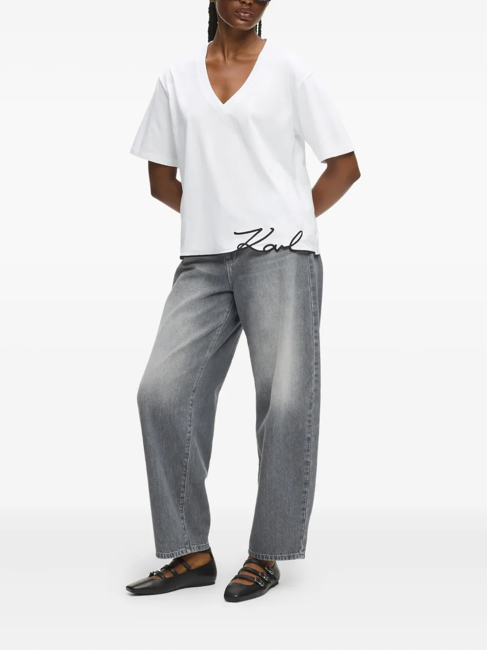 Karl Lagerfeld Signature Hem V-neck T-shirt In White