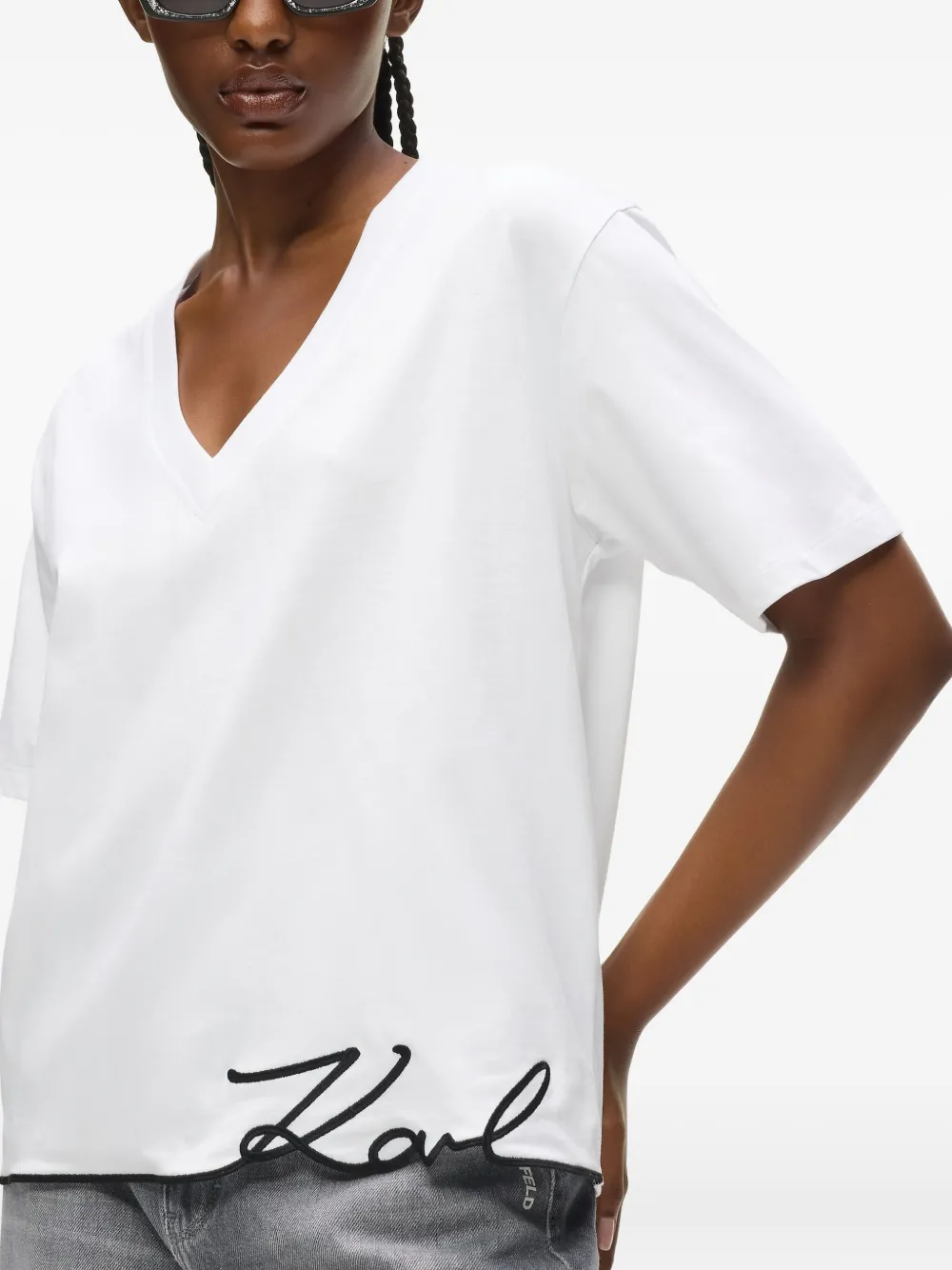 Karl Lagerfeld Signature Hem V-neck T-shirt In White