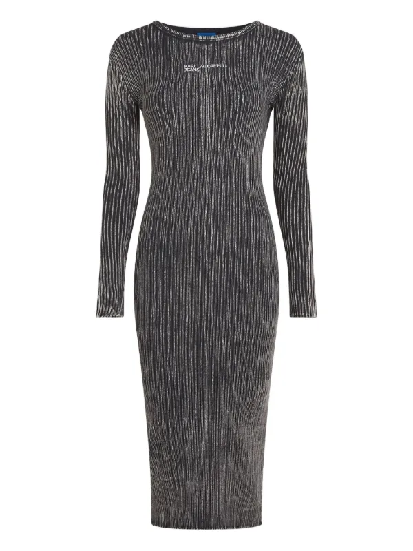 Karl Lagerfeld Ribbed Long-Sleeves Midi Dress - Black