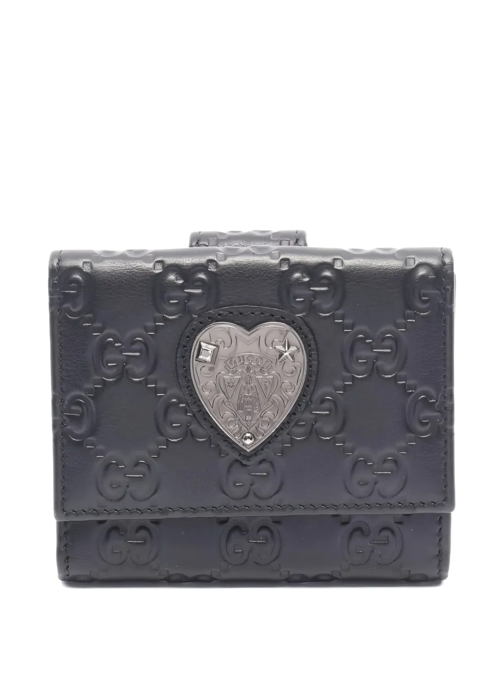 Pre-owned Gucci Ssima Heart-plaque Wallet In Black