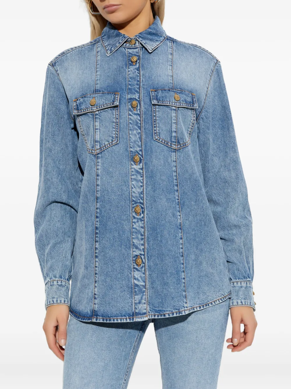 Balmain Point-collar Denim Shirt In Blue