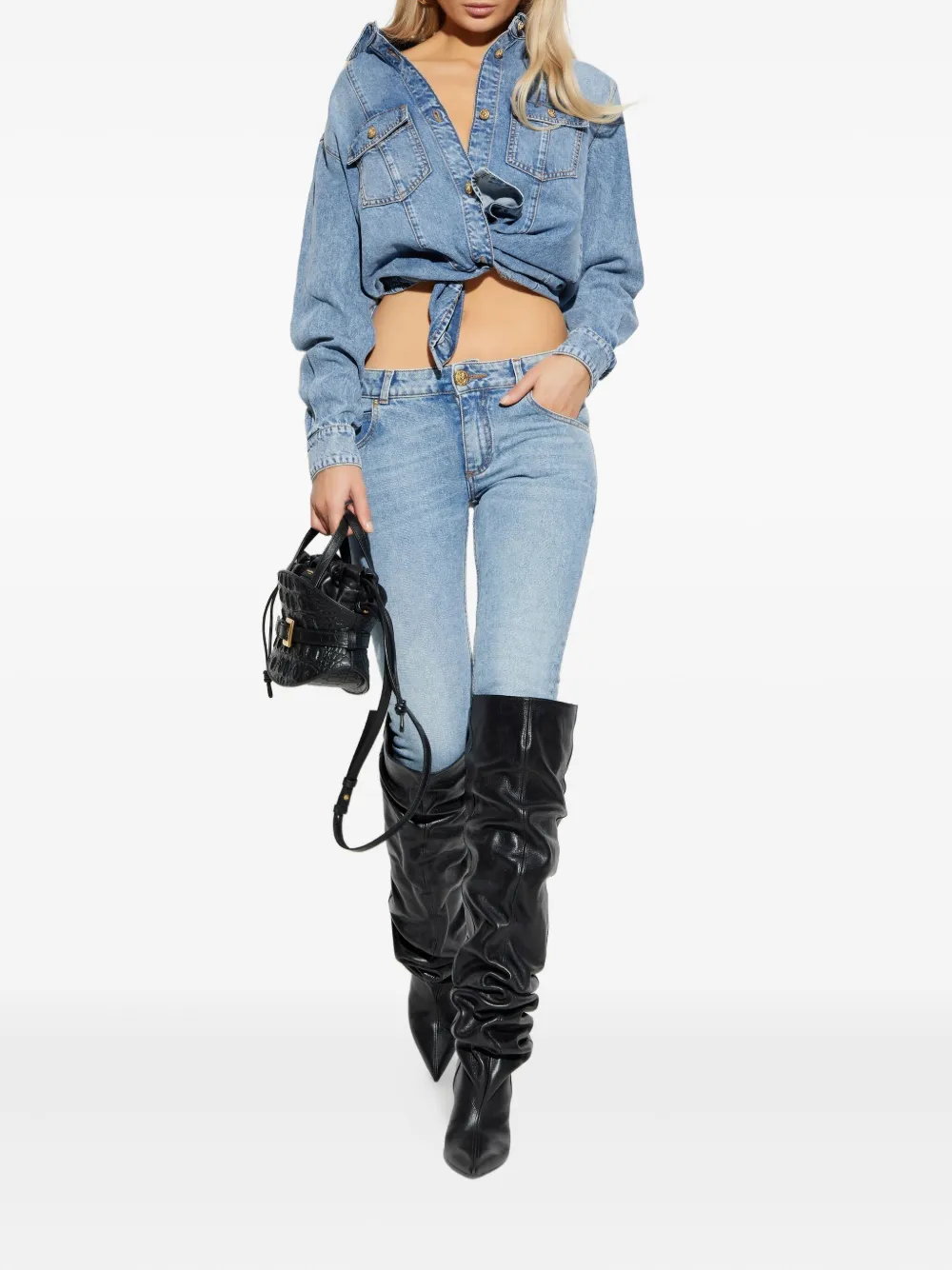Balmain Point-collar Denim Shirt In Blue