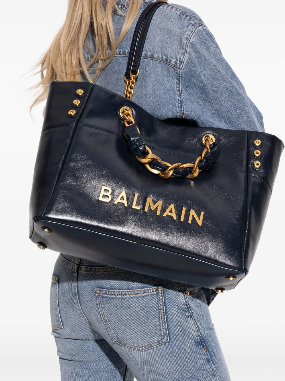 Balmain chain-detail logo shoulder bag - Blauw