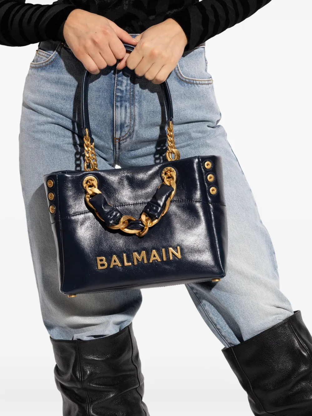 Balmain small Cabas 1945 chain embellished studded tote bag - Blauw