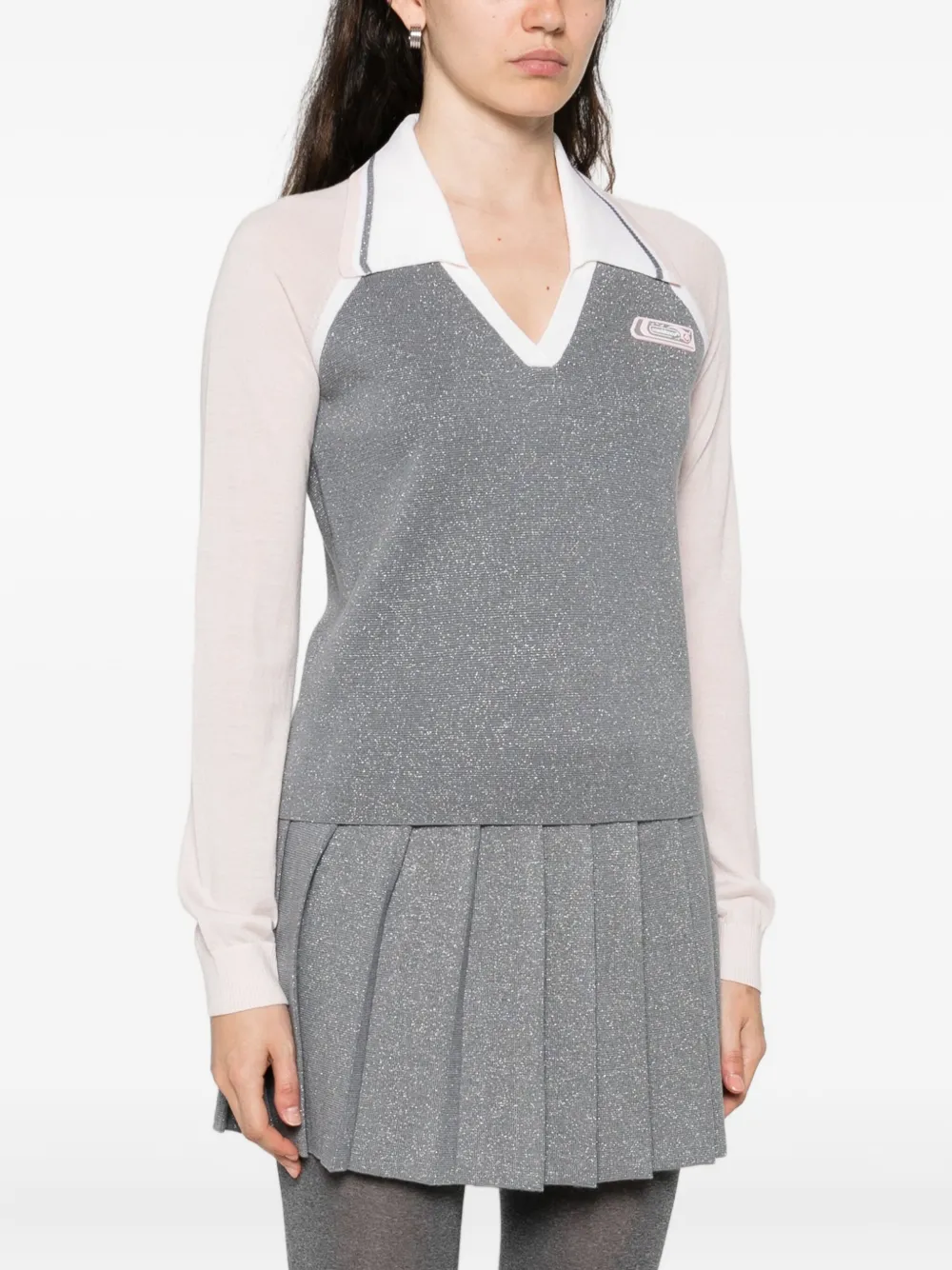 Casablanca Color-block Merino Polo Shirt With Classic Collar And Logo Patch In Gray