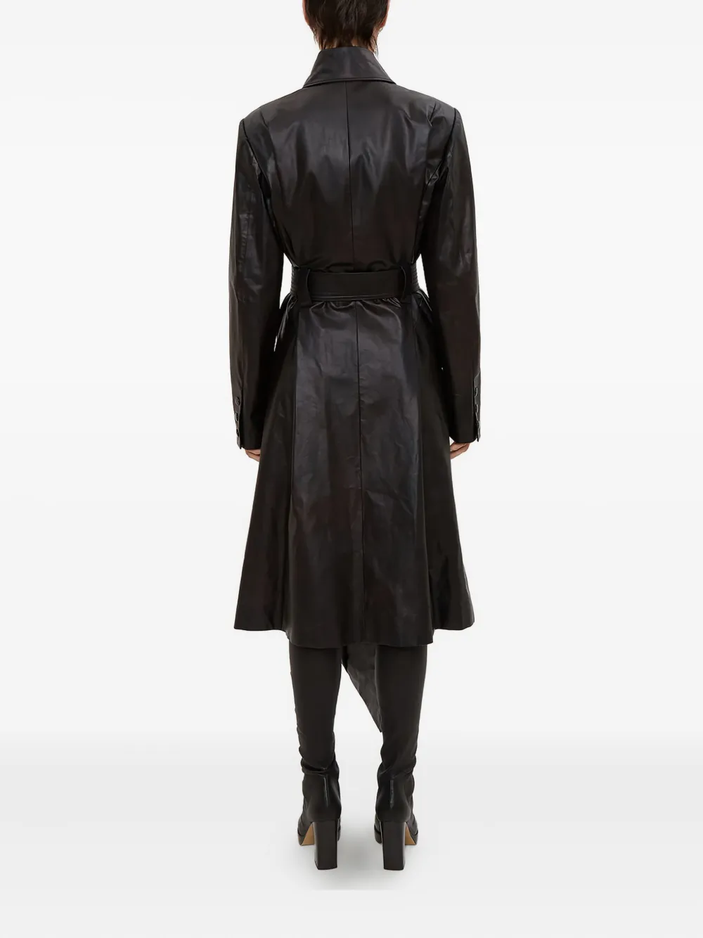 Olivier Theyskens Pointed-collar Belted Leather Coat In Black