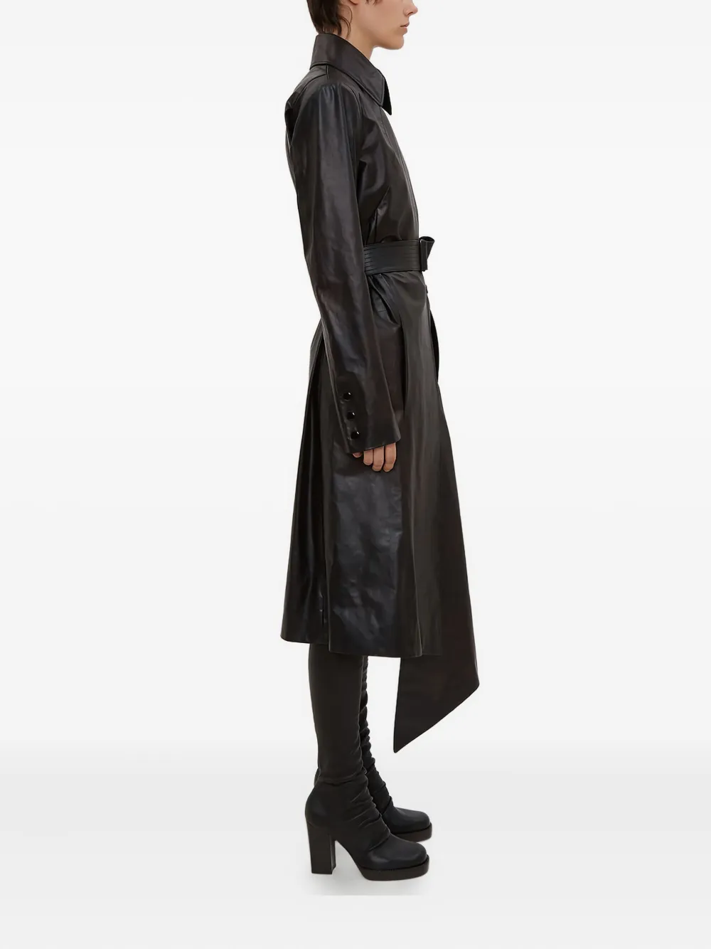 Olivier Theyskens Pointed-collar Belted Leather Coat In Black