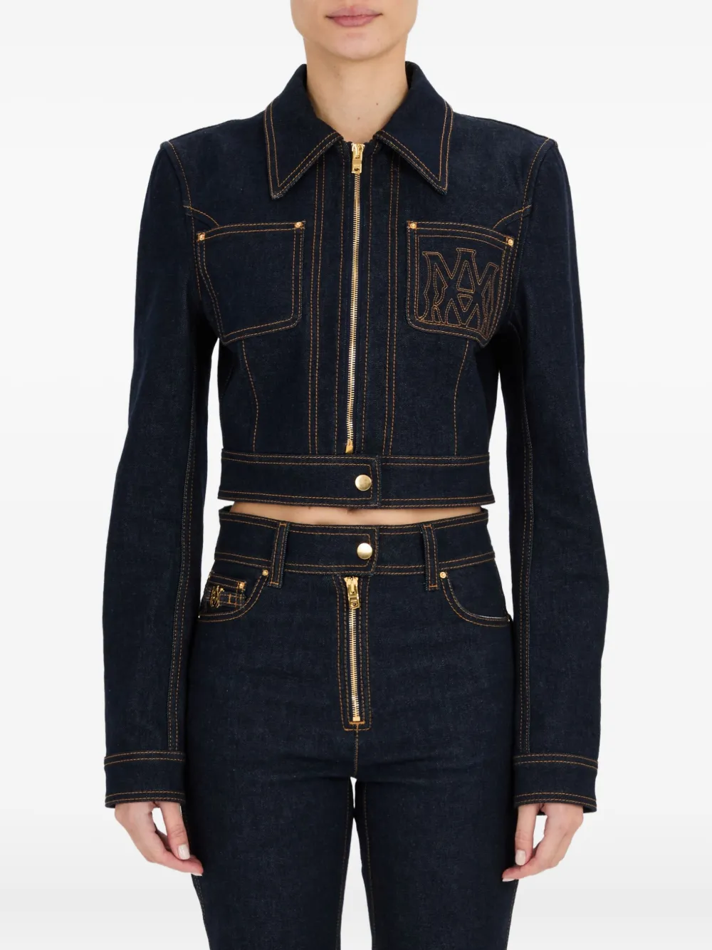 Amiri Embroidered Zip-front Denim Jacket In Blue