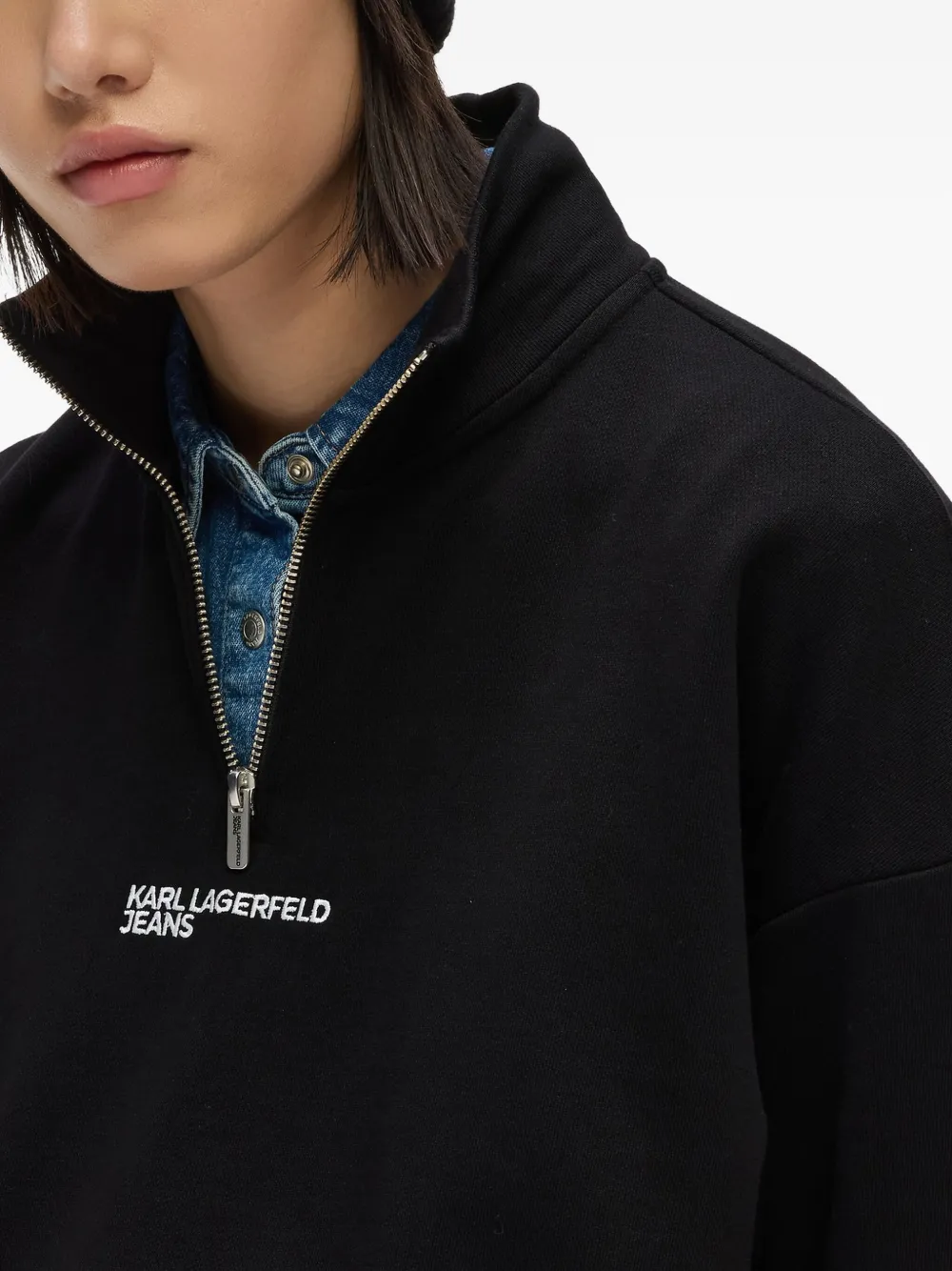 Karl Lagerfeld Jeans Half-zip Logo-embroidered Sweatshirt In Black