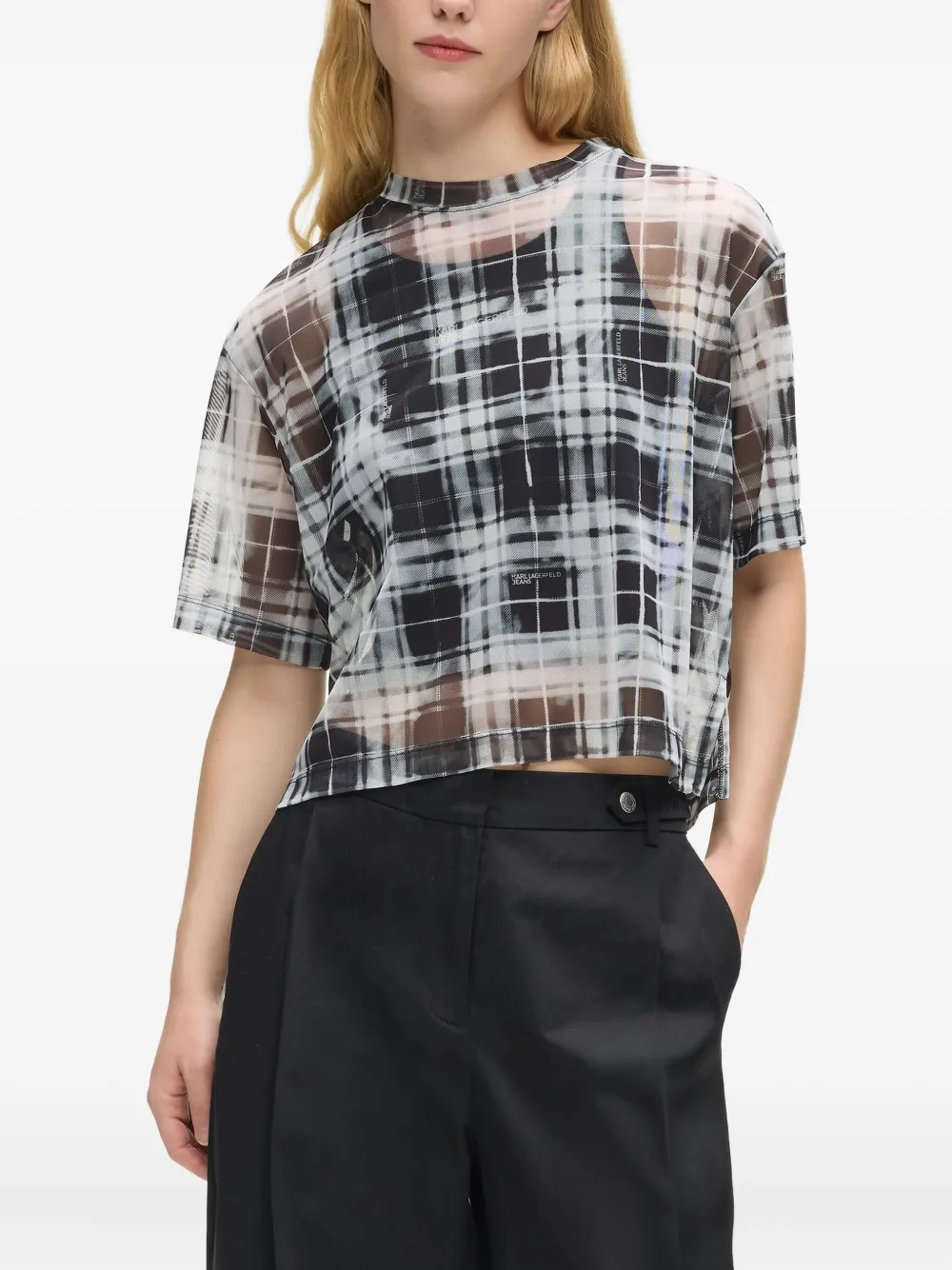 Karl Lagerfeld Jeans Geruite mesh T-shirt Wit