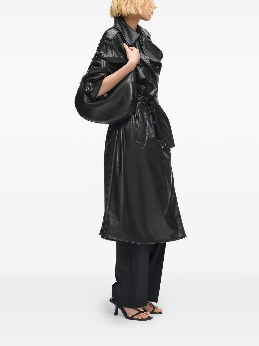 Karl Lagerfeld Perforated Belted Trench Coat In Black