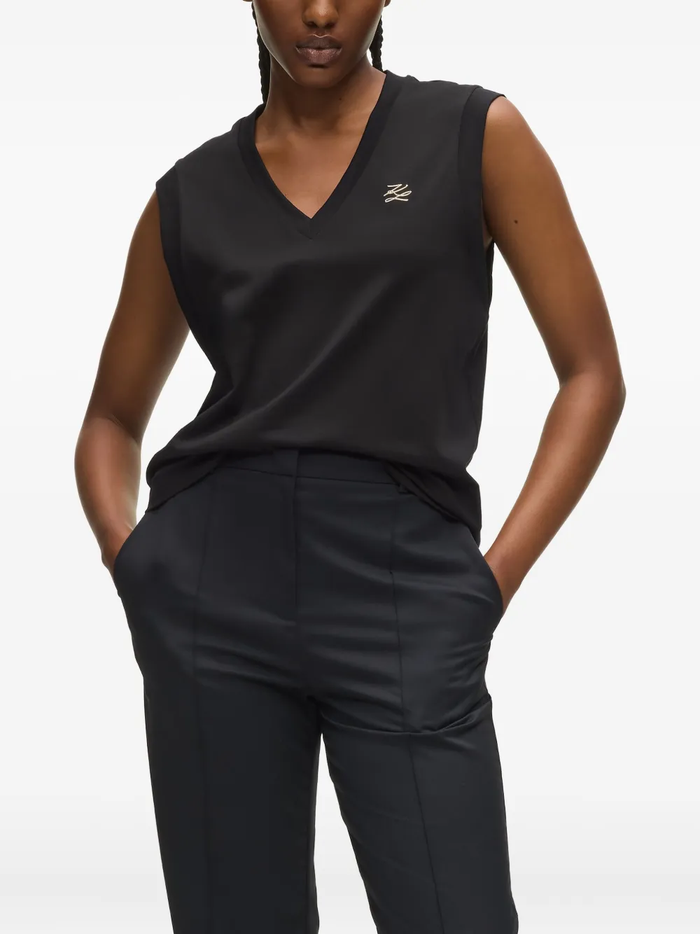 Karl Lagerfeld V-neck Logo Tank Top In Black