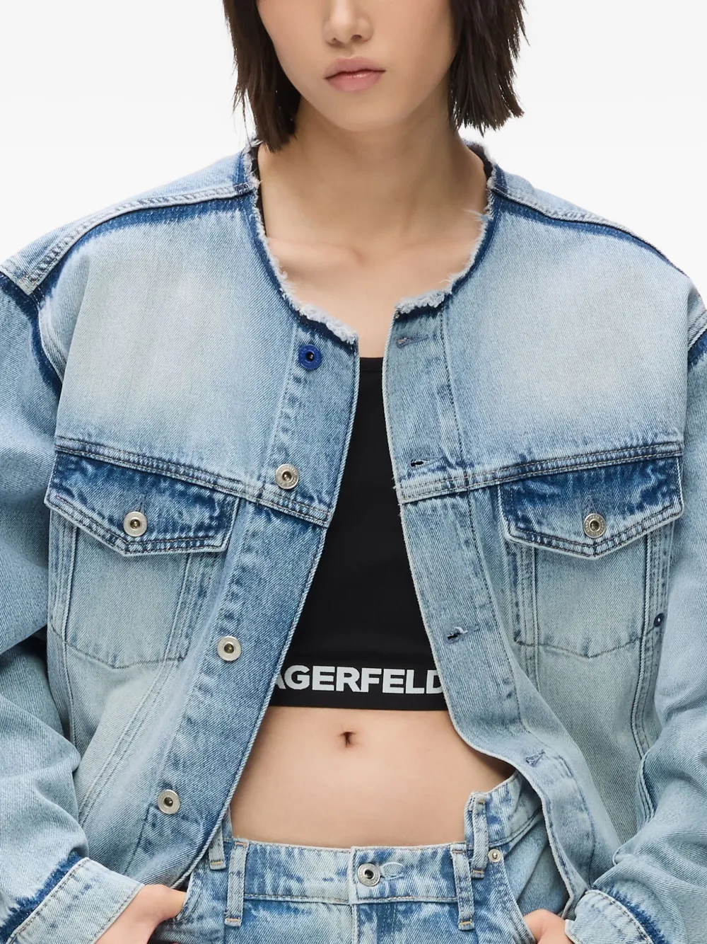 Karl Lagerfeld Jeans Collarless Denim Jacket In Blue