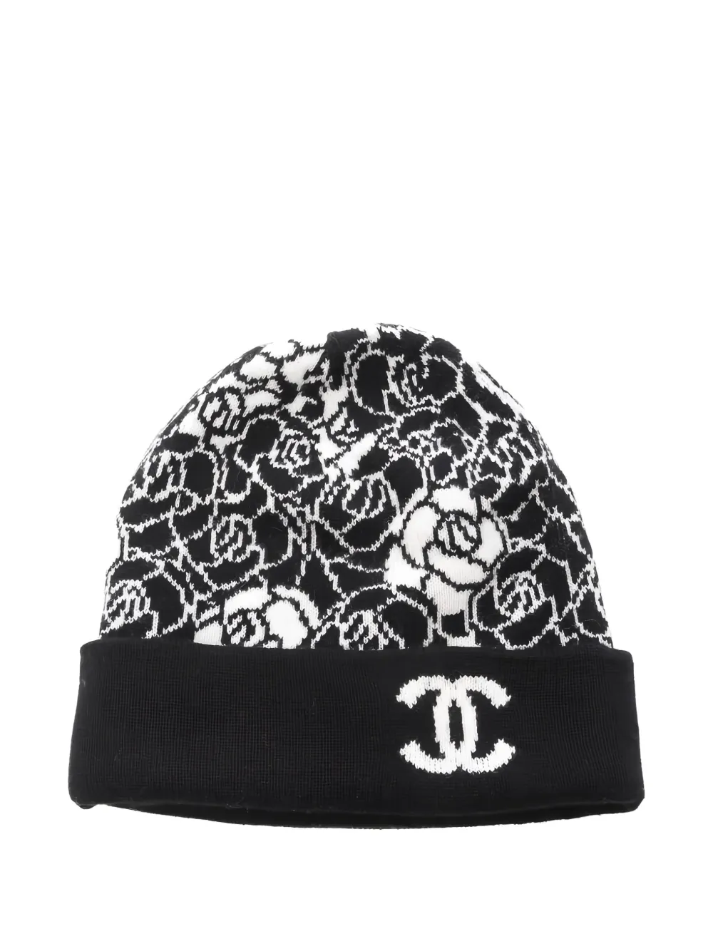 Pre-owned Chanel Camellia-intarsia Beanie In Black