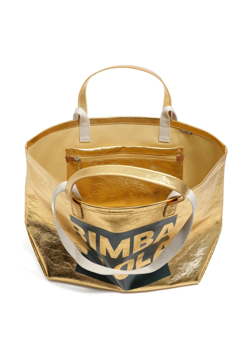Bimba Y Lola Large Metallic Logo Tote Bag In Gold