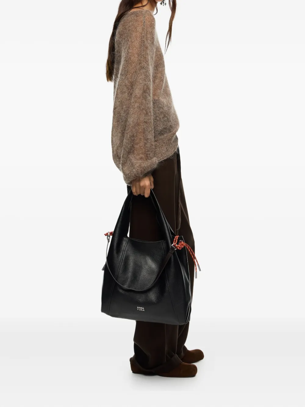 Bimba Y Lola Large Paper Leather Drawstring Shoulder Bag In Black