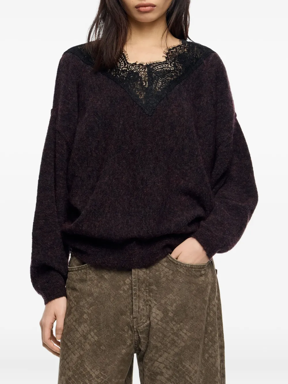 Bimba Y Lola Lace-insert Sweater In Burgundy