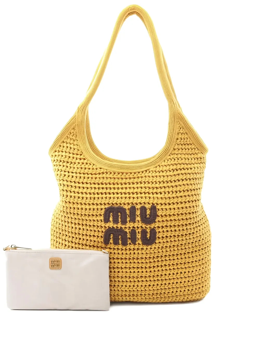 Pre-owned Miu Miu Logo-appliqué Crochet-knit Handbag In Yellow