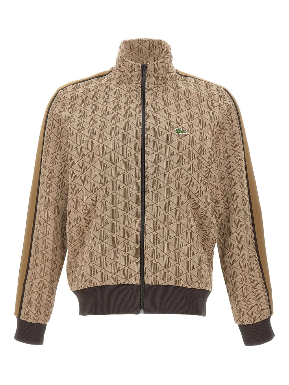 Lacoste Monogram Stripe-detail Zip-up Sweatshirt In Brown