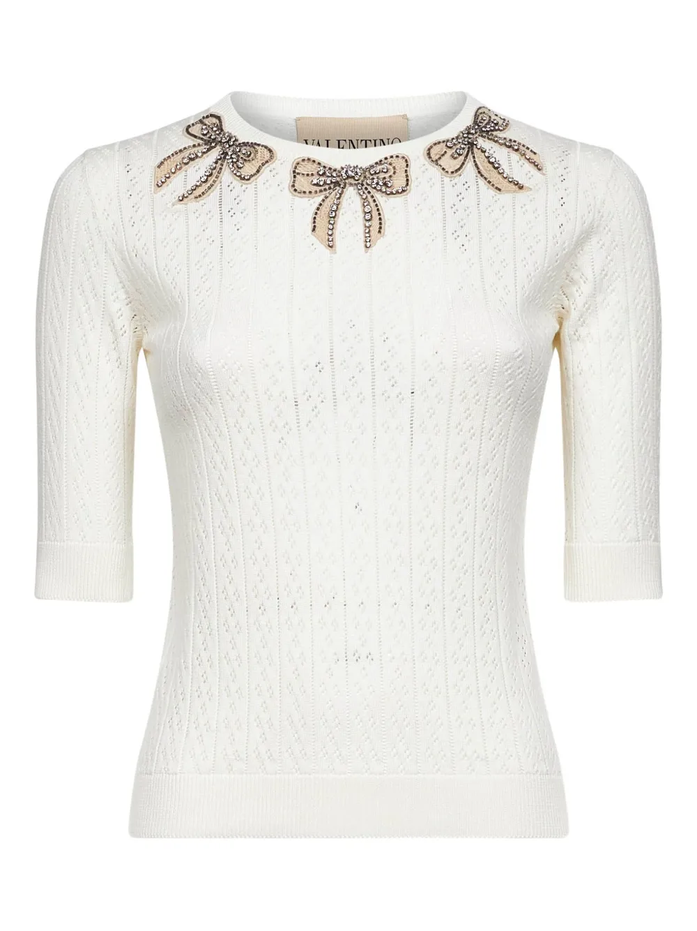 Valentino Ivory Pointelle Knit Embroidered Bows Top In White