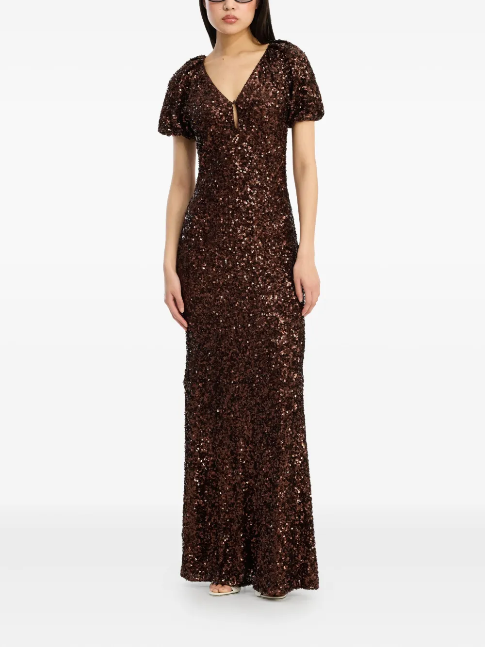 Rotate Birger Christensen Sequins V-neck Maxi Dress In Brown