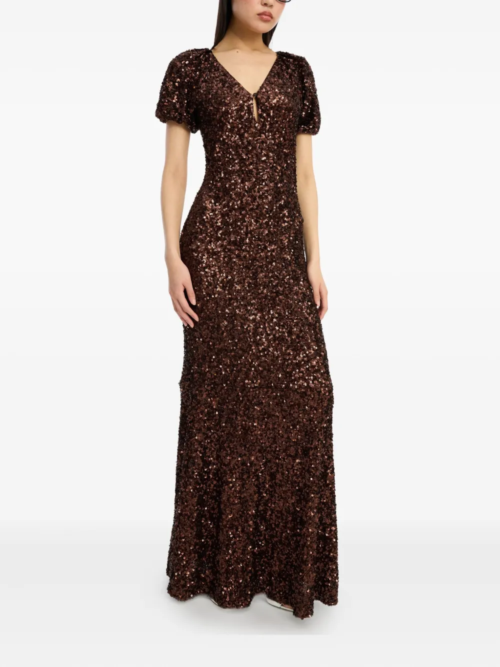Rotate Birger Christensen Sequins V-neck Maxi Dress In Brown