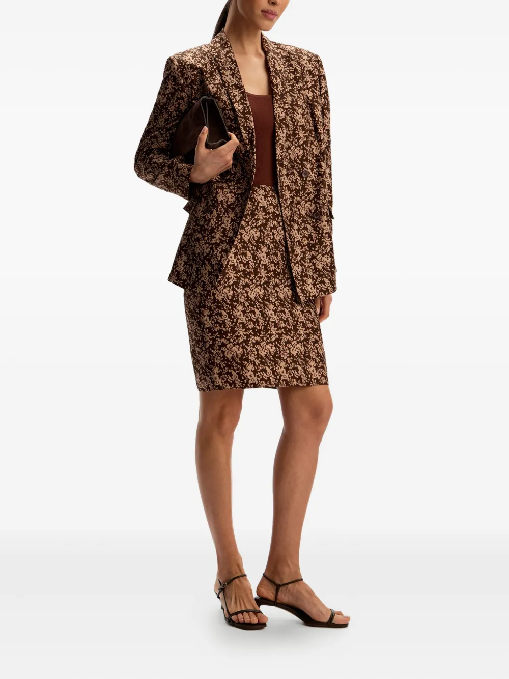 12 Storeez Floral-print Double-breasted Blazer In Brown