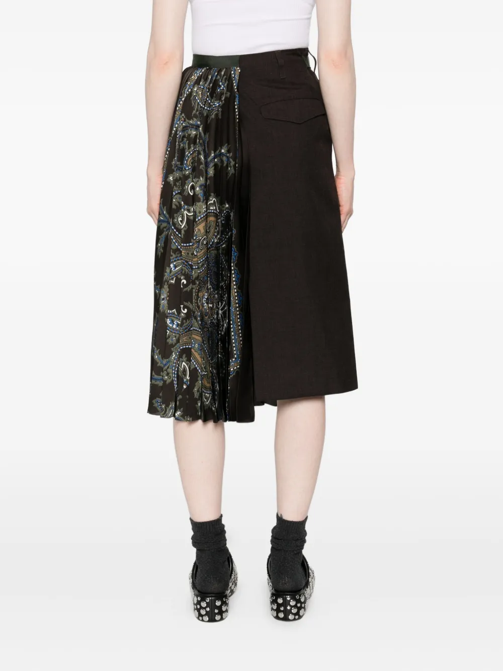 Sacai Paisley-print Panelled Midi Skirt In Brown