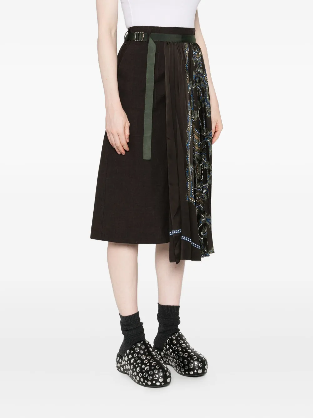 Sacai Paisley-print Panelled Midi Skirt In Brown