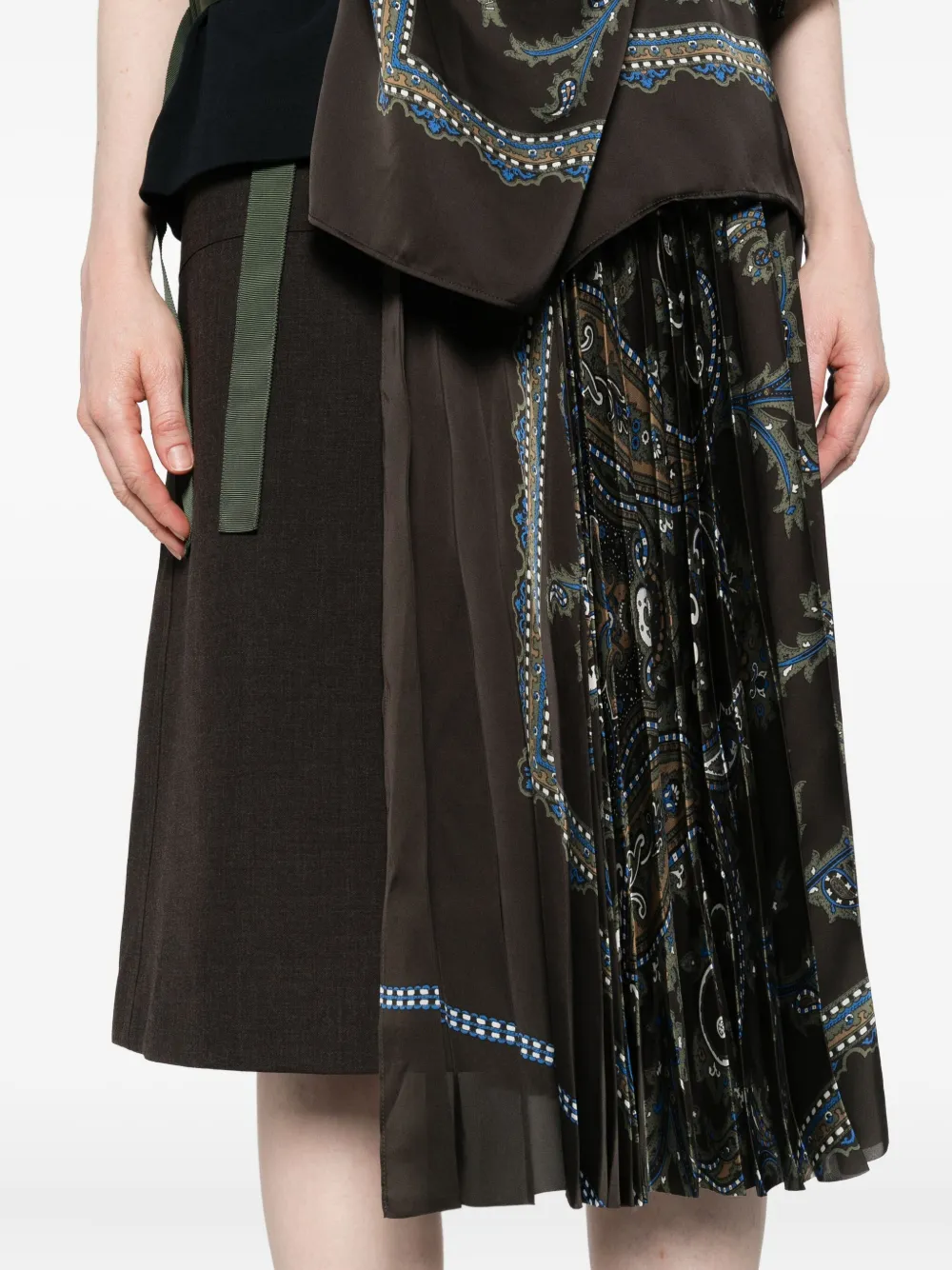Sacai Paisley-print Panelled Midi Skirt In Brown