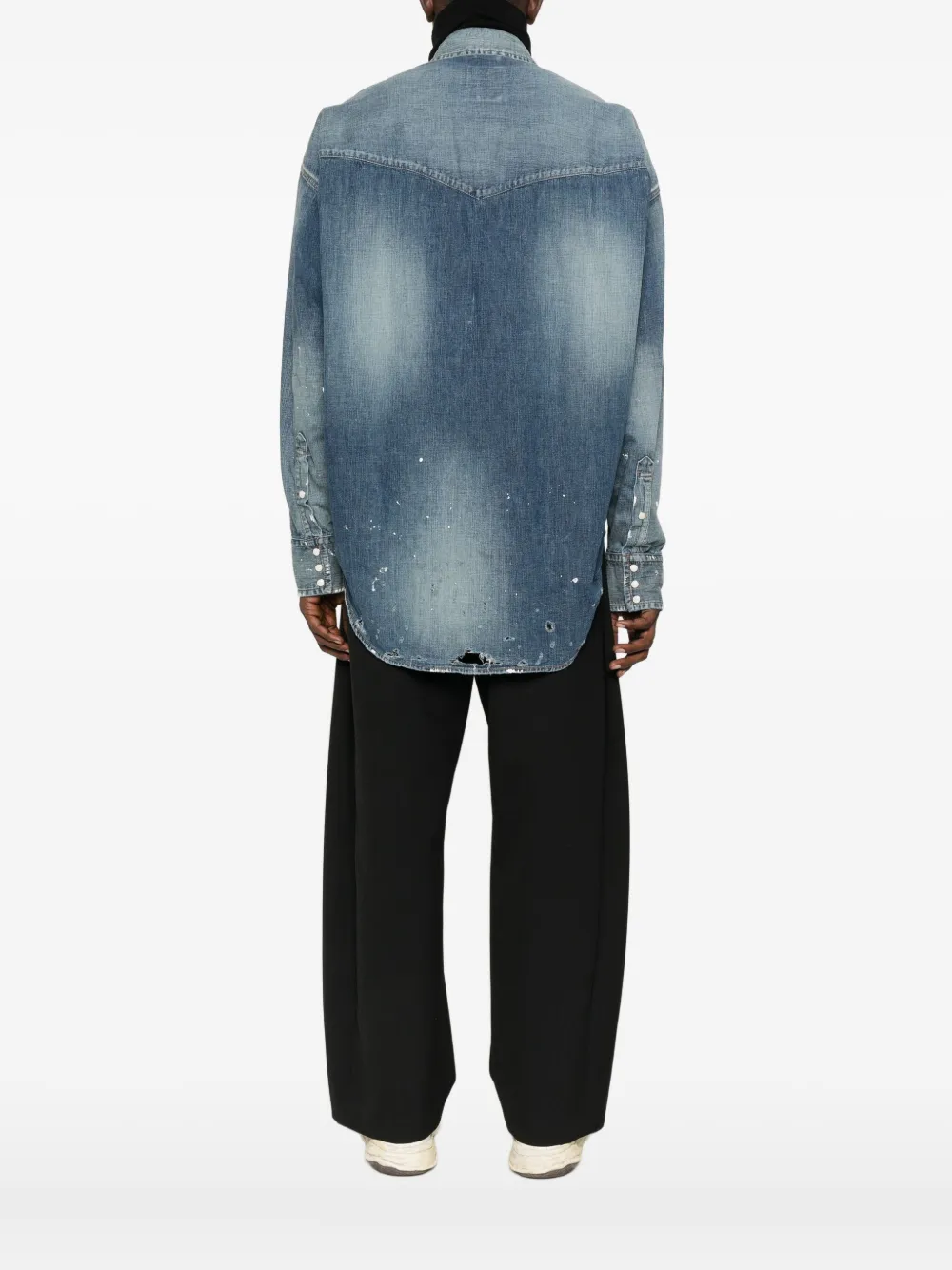 Miharayasuhiro Paint-splatter Patchwork Denim Shirt In Blue