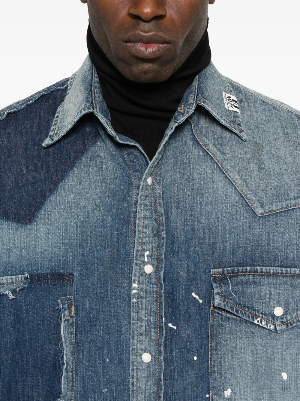 Miharayasuhiro Paint-splatter Patchwork Denim Shirt In Blue