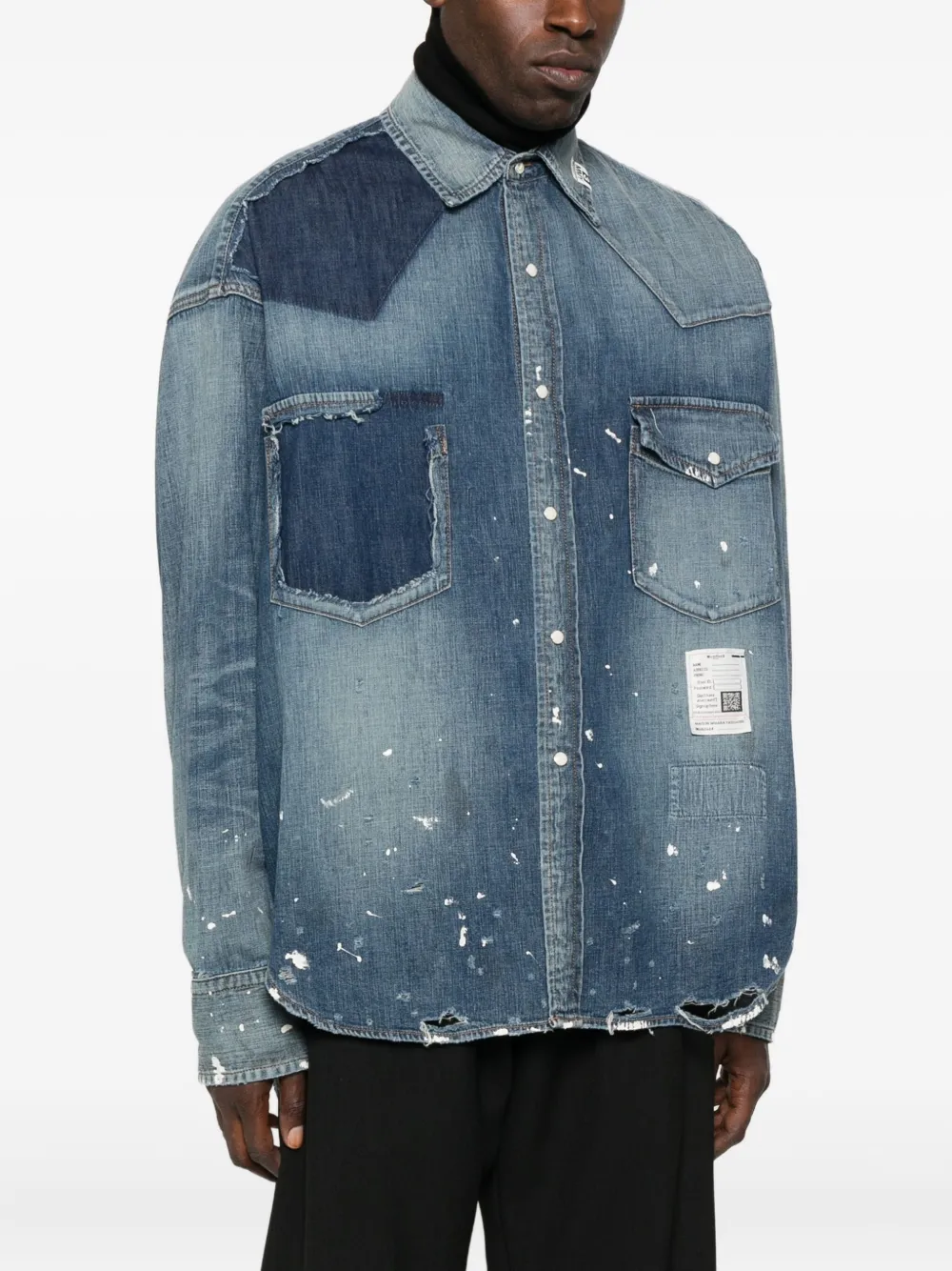 Miharayasuhiro Paint-splatter Patchwork Denim Shirt In Blue