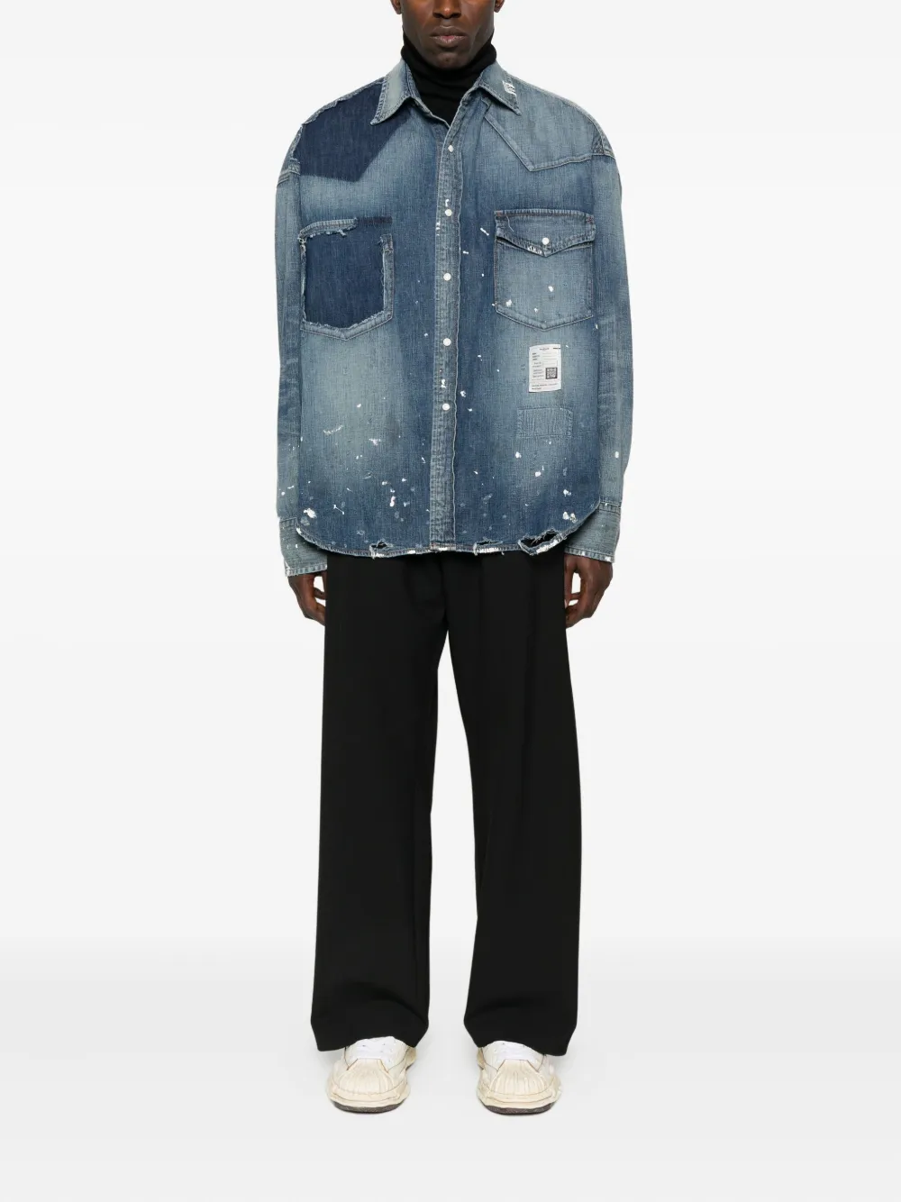 Maison MIHARA YASUHIRO paint-splatter patchwork denim shirt - Blauw