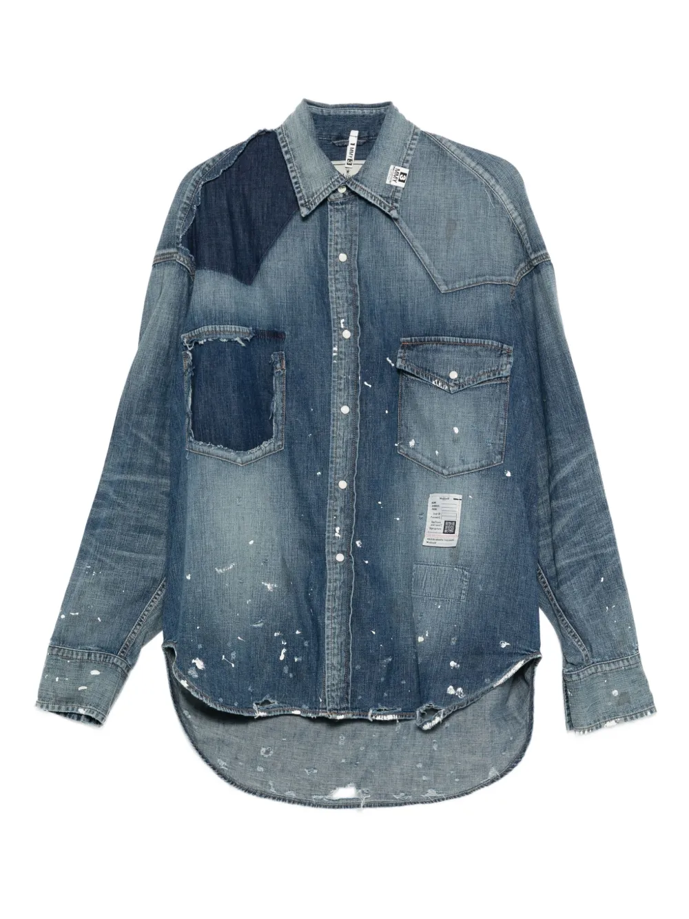 Maison MIHARA YASUHIRO paint-splatter patchwork denim shirt - ブルー Maison MIHARA YASUHIRO paint-splatter patchwork denim shirt - ブルー