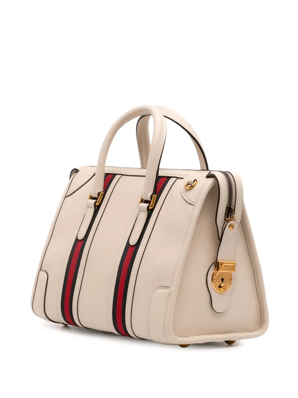 Pre-owned Gucci 2016-2025 Medium Calfskin Web Bauletto Top Handle Bag Satchel In White