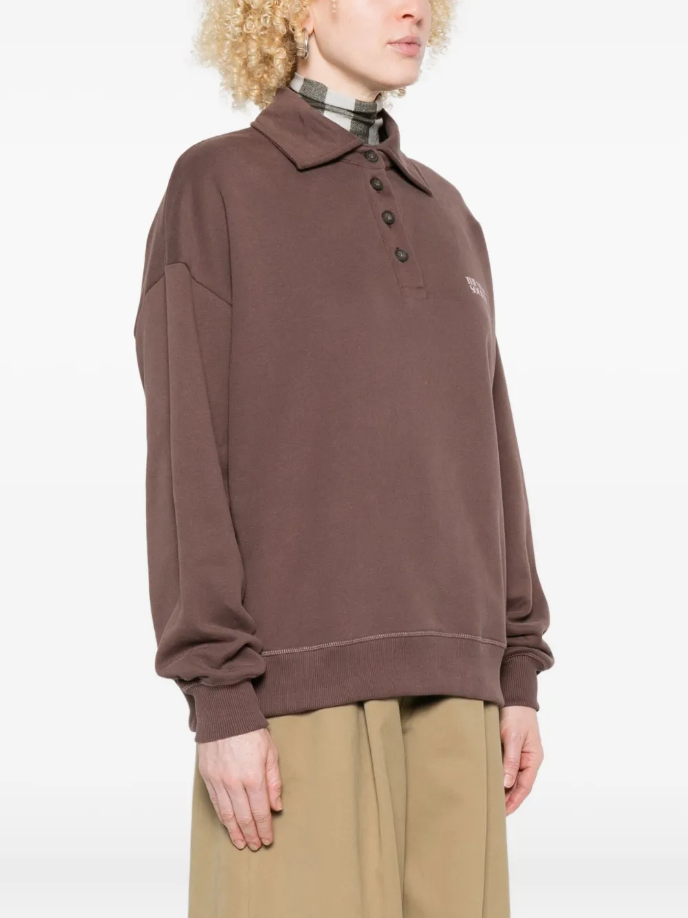 The New Society Logo-print Long-sleeve Polo Shirt In Brown