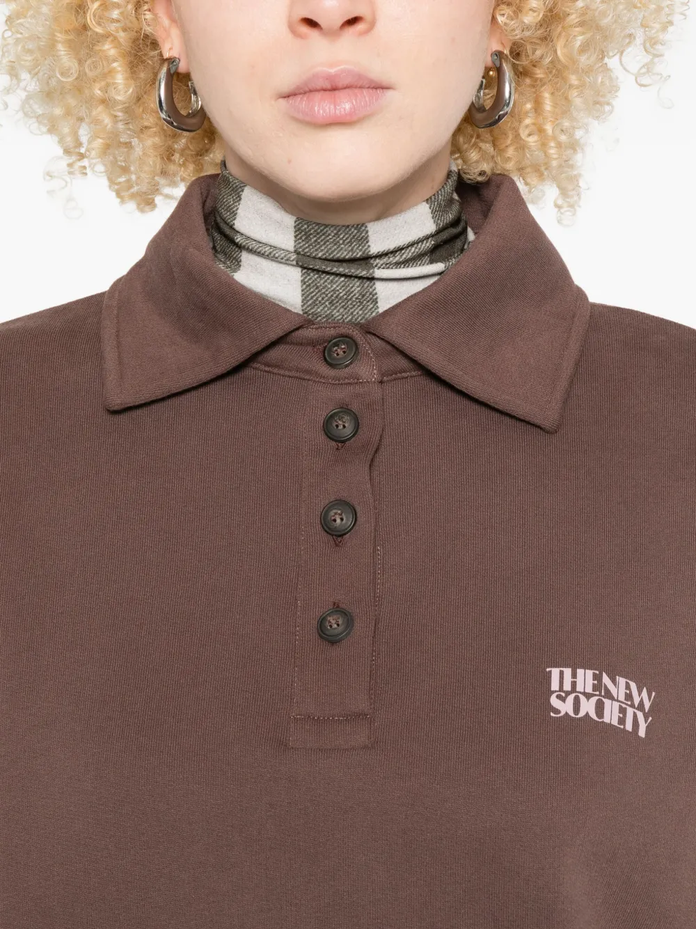 The New Society Logo-print Long-sleeve Polo Shirt In Brown