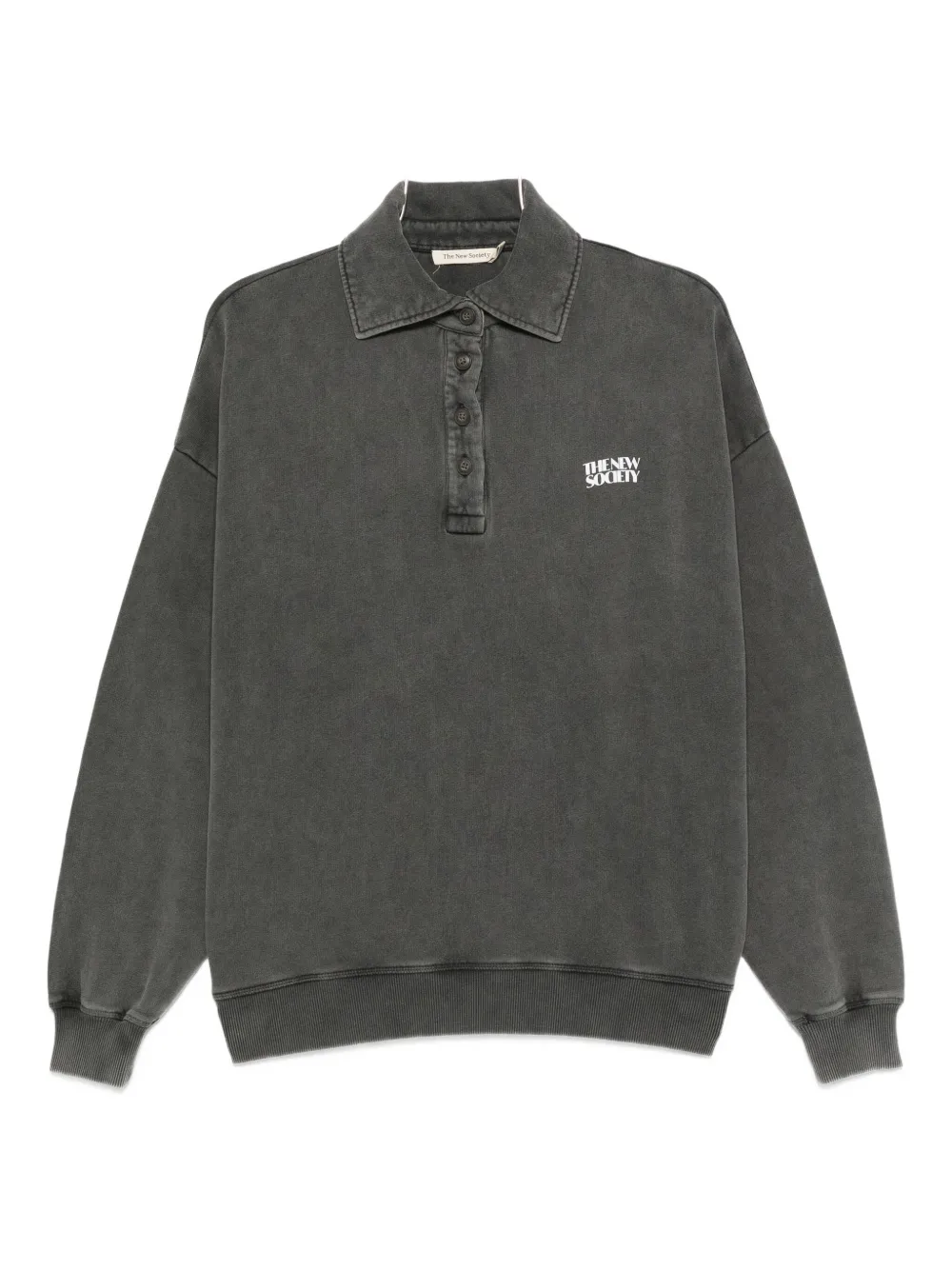 The New Society Logo-print Long-sleeve Polo Top In Gray
