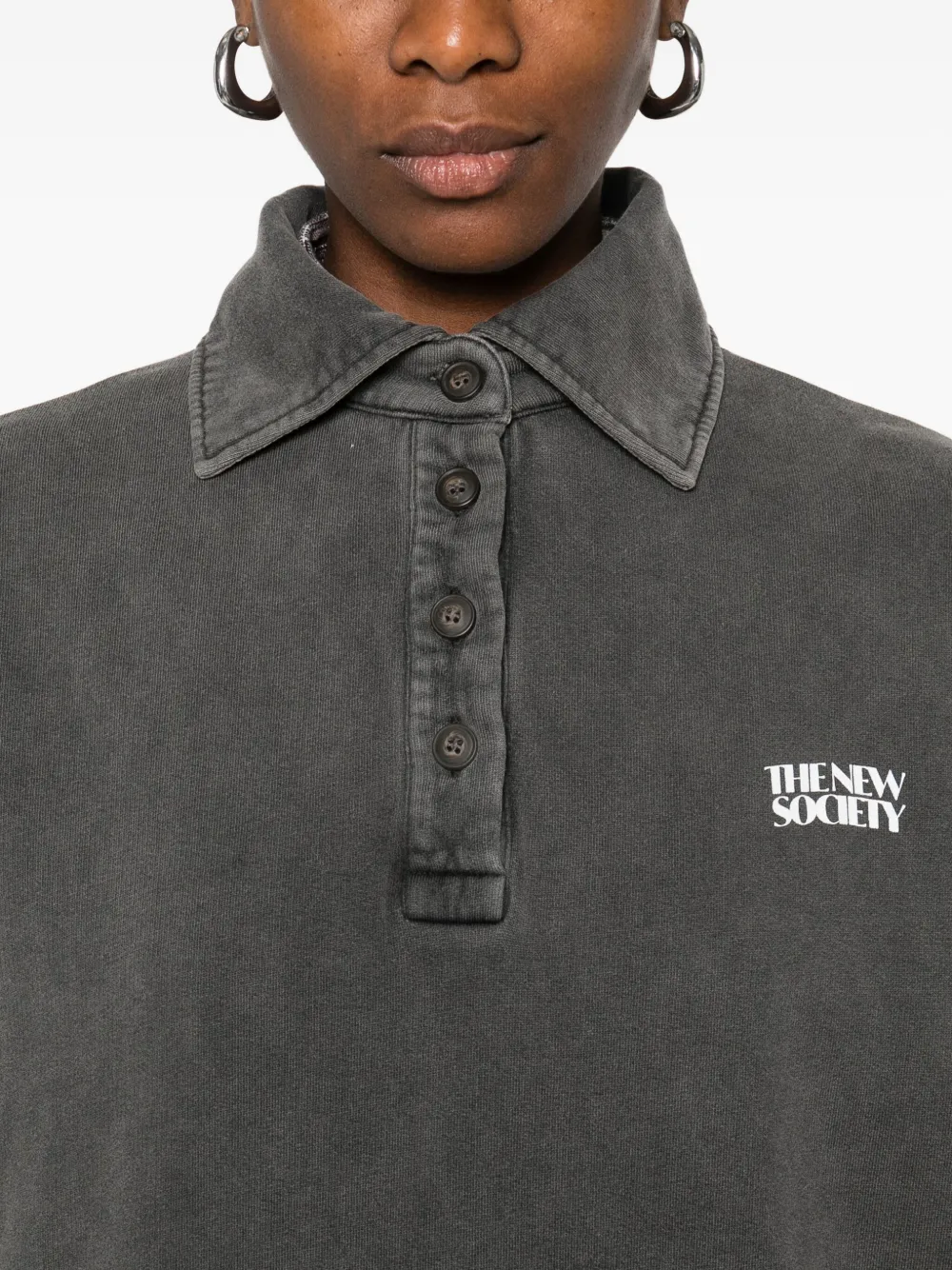 The New Society Logo-print Long-sleeve Polo Top In Gray