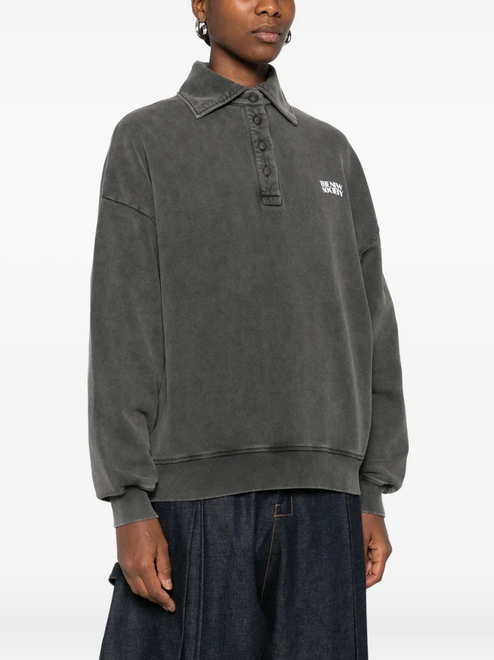 The New Society Logo-print Long-sleeve Polo Top In Gray