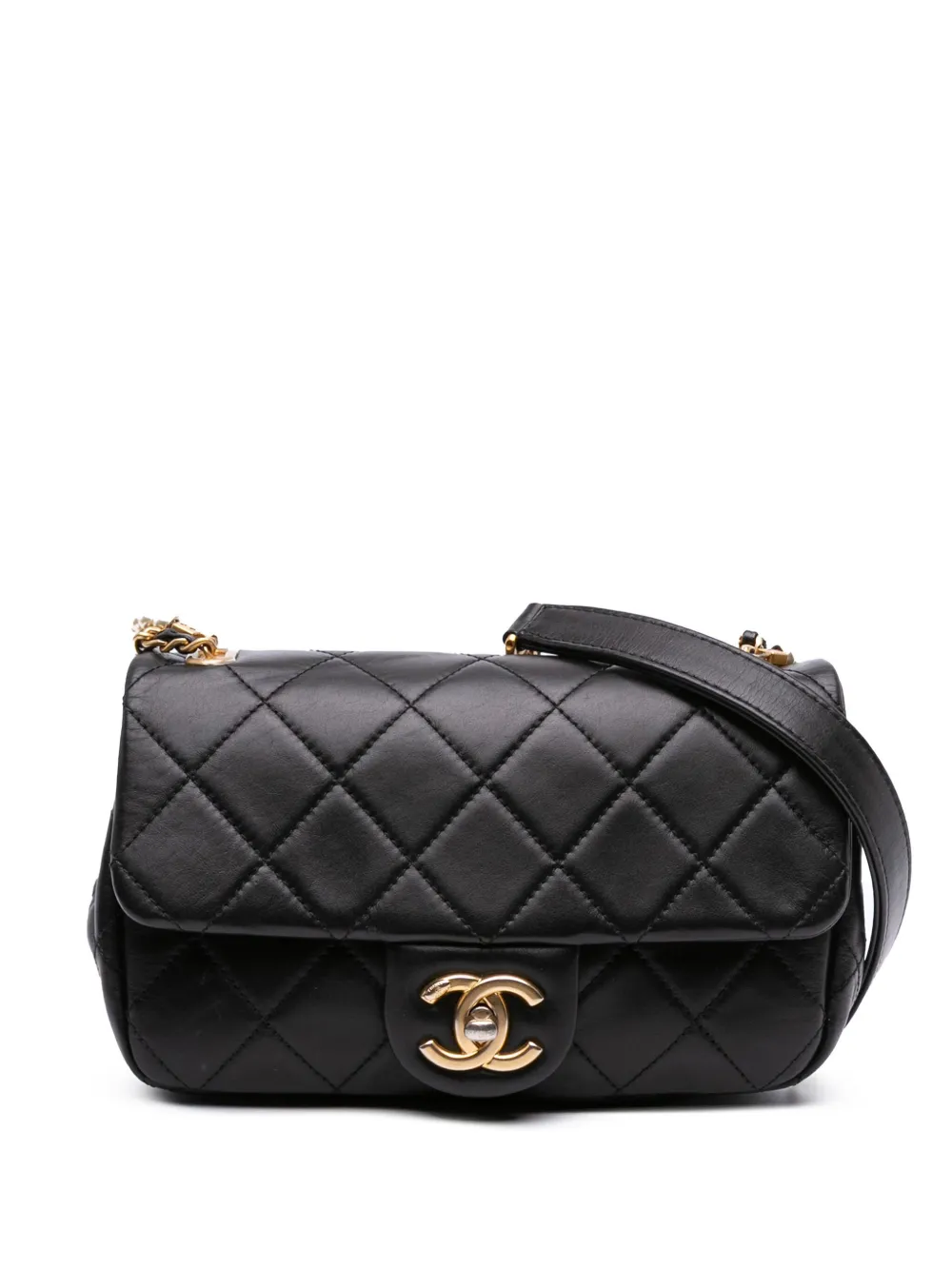 CHANEL Pre-Owned 2020 Mini Quilted Calfskin Crystal Pearls Chain Flap crossbody bag | Black | Image 1