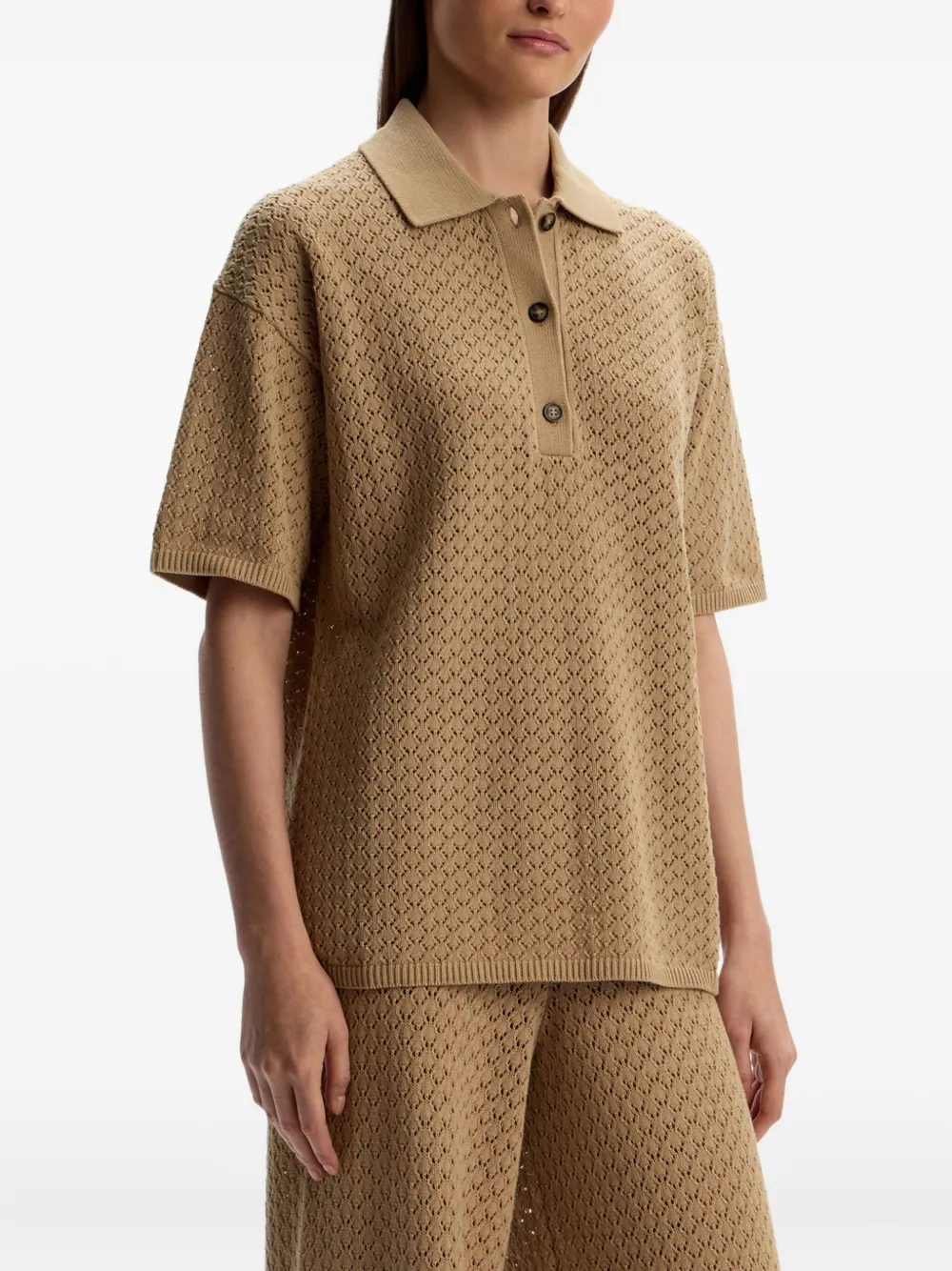 12 Storeez Open-knit Polo Top In Brown